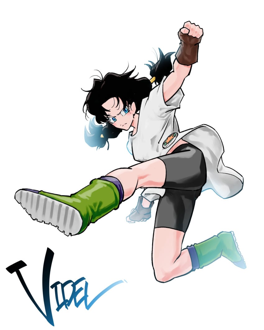 1girls artist_request ass black_hair black_shorts blue_eyes boots character_name dragon_ball dragon_ball_z female fingerless_gloves full_body meme shirt shorts solo tagme tagme_(artist) twintails videl