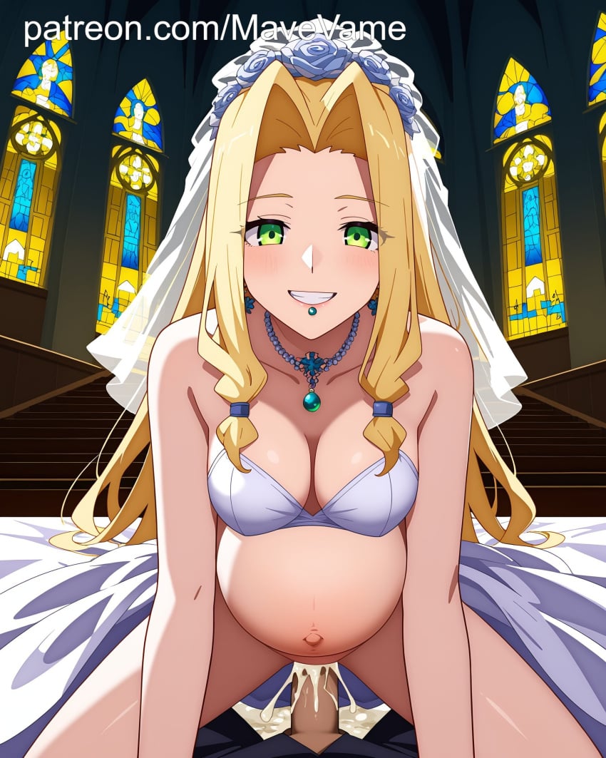 ai_generated blonde_hair bride cowgirl_position cum cum_in_pussy cum_inside earrings fate/grand_order green_eyes lips_piercing penis_in_pussy pregnant pregnant_sex quetzalcoatl_(fate) smile vaginal_penetration wedding_dress