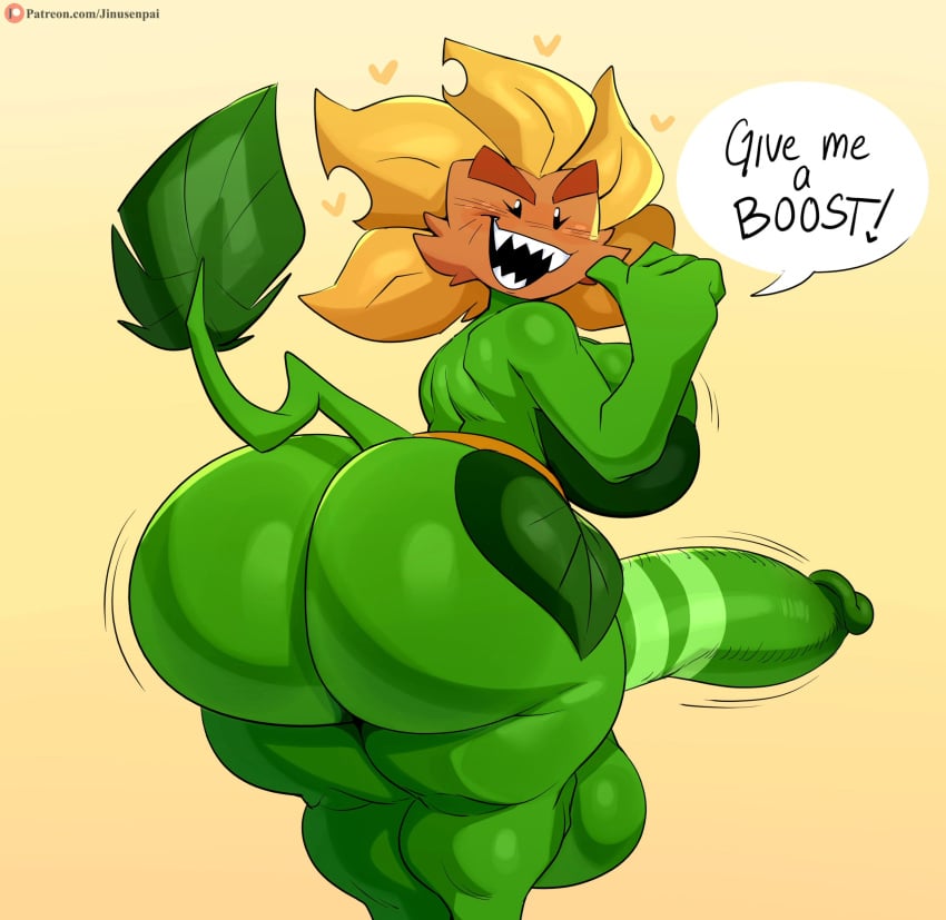 absurd_res anthro ass balls big_balls big_breasts big_butt big_penis breasts dialogue elemental_creature flora_fauna flower flower_creature freckles genitals green_body gynomorph hi_res huge_balls huge_breasts huge_butt huge_cock hyper hyper_balls hyper_butt hyper_genitalia hyper_penis intersex jinu leaf leaf_tail open_mouth penis plant plants_vs_zombies plants_vs_zombies_2:_it's_about_time primal_sunflower_(pvz) rear_view sharp_teeth simple_background smile solo speech_bubble sunflower sunflower_(pvz) tail teeth text thick_thighs