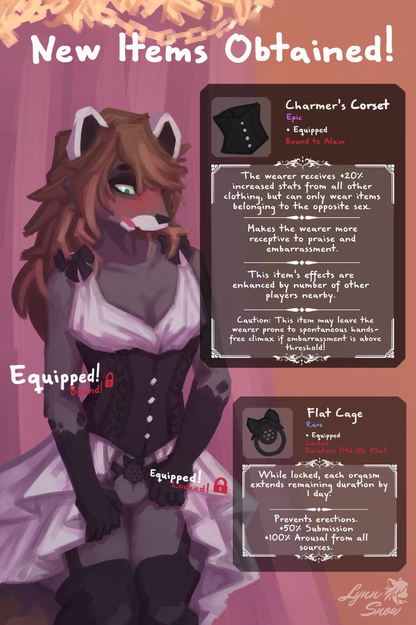 absurd_res accessory alain_the_raccoon_(softthaicat) alternative_fashion anthro armor balls blush bow_(feature) bow_accessory bow_ribbon brown_hair chastity_cage chastity_device clothed clothing corset corset_dress cursed_clothing cursed_object embarrassed english_text femboy fur gameplay_mechanics genitals hair hi_res j-fashion legwear lingerie lolita_(fashion) lynnsnowmew magic male mammal open_mouth penis procyonid raccoon revealing_penis ribbons shy simple_background skimpy solo submissive tail text text_box topwear unconvincing_armor