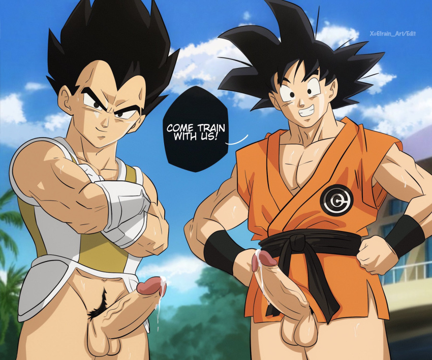 2boys abs bottomless dragon_ball ef_drawings erection inviting_to_sex male male_only muscle outdoors presenting_penis rove sex_invitation smile vegeta