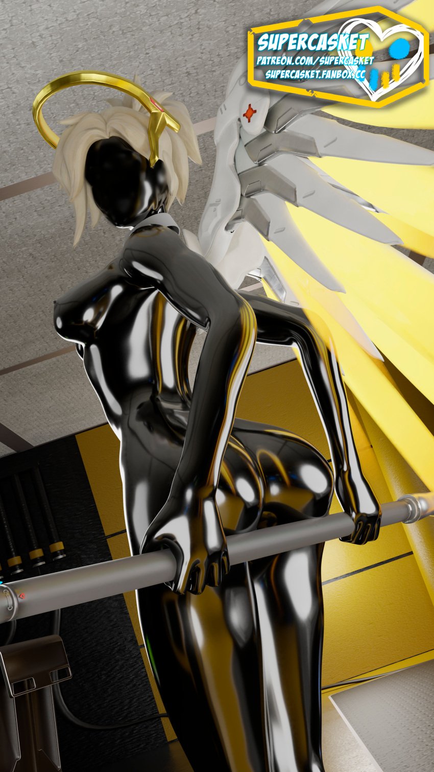 1girls 3d ass black_skin bodysuit breasts clothing drone faceless_female female female_focus female_only huge_ass jpeg latex latex_clothing latex_suit mercy overwatch standing supercasket thighs