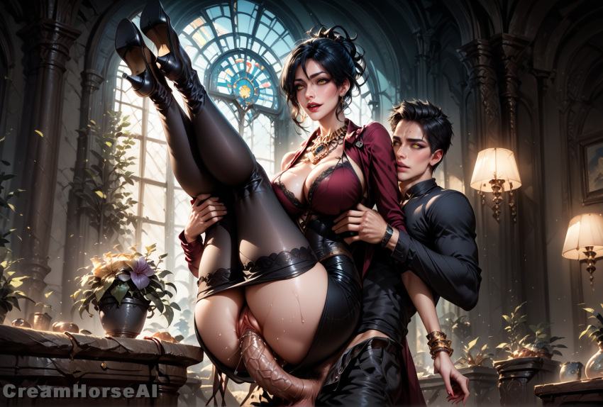 age_origins ai_generated big_ass big_balls big_breasts big_penis creamhorseai dragon_age_inquisition fellatio hi_res high_resolution highres huge_breasts huge_cock leg_grab leg_up lifted morrigan_(dragon_age) perfect_body standing_sex upright_straddle