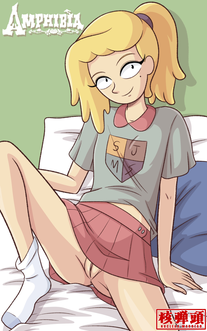 1girls amphibia anus anus_peek bed bedroom blonde_female blonde_hair eyelashes hand_on_bed hand_on_thigh long_hair mole mole_under_eye no_panties nuclear_warhead on_bed pale_skin ponytail sasha_waybright school_uniform skirt socks spread_legs upskirt white_socks