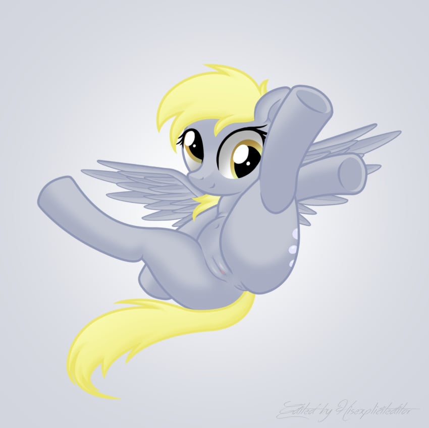 2015 anus blonde_hair cute cutie_mark derpy_hooves edit equine female flying friendship_is_magic furry furry_only grey_body hair hisexpliciteditor lying mammal my_little_pony nude pegasus plain_background pose pyruvate solo spreading white_background wings yellow_eyes