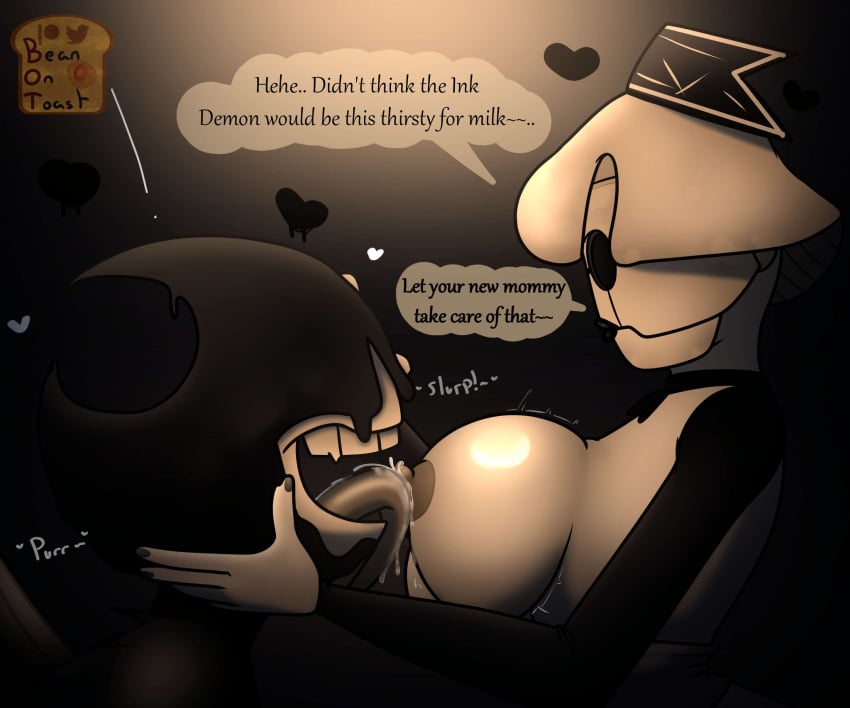 2024 2d 2d_(artwork) 2d_artwork areola areolae beanontoast bendy_and_the_dark_revival bendy_and_the_ink_machine betty_(bendy_and_the_dark_revival) big_breasts breasts_out dialogue ink_demon licking_nipples mask masked_female mommy_kink nipples yellow_skin