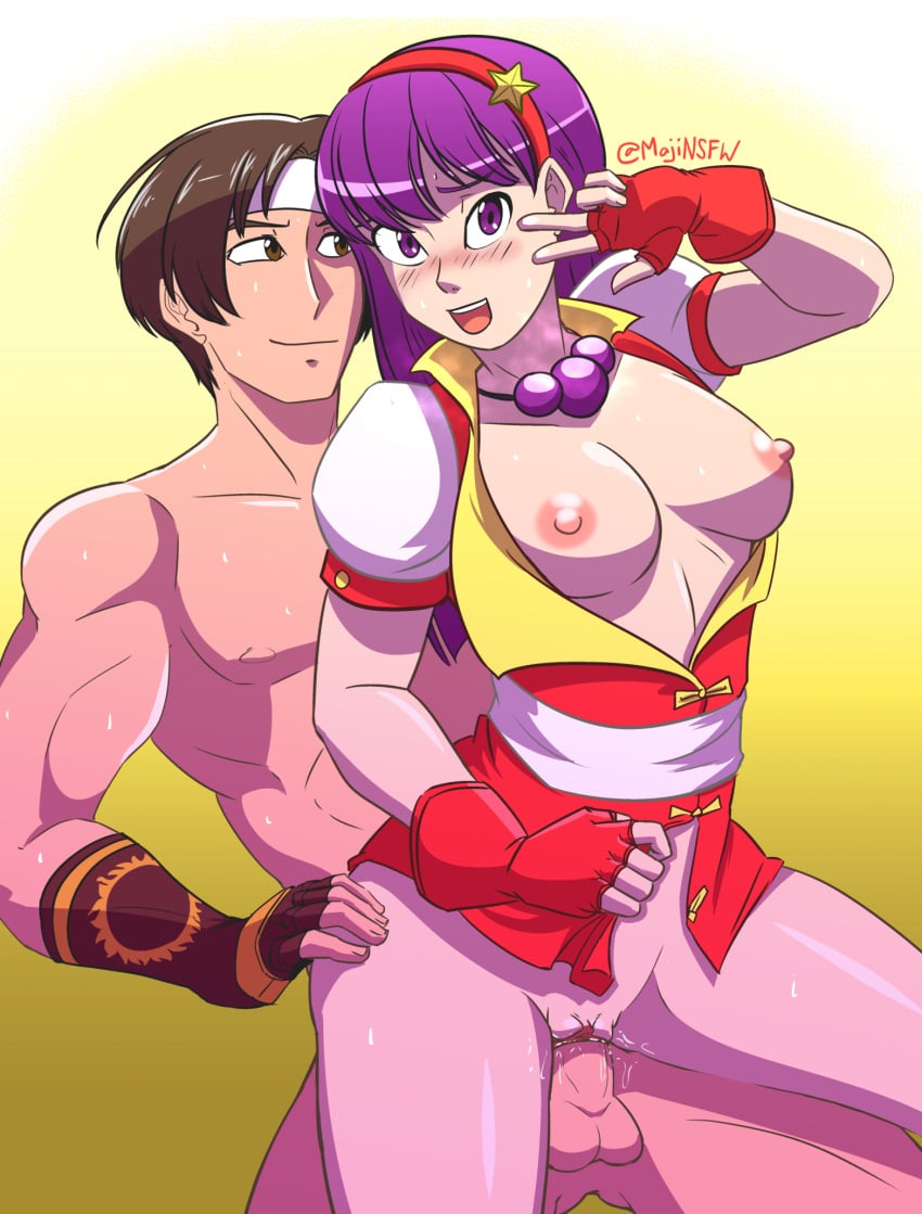 1boy 1girls ass_grab athena_asamiya blush breasts_out brown_hair idol king_of_fighters kyo_kusanagi majinsfw no_panties no_pants nude_male psycho_soldier purple_hair reverse_cowgirl_position riding_penis romantic_ambiance romantic_sex smiling snk star_hair_ornament vaginal_penetration vaginal_sex