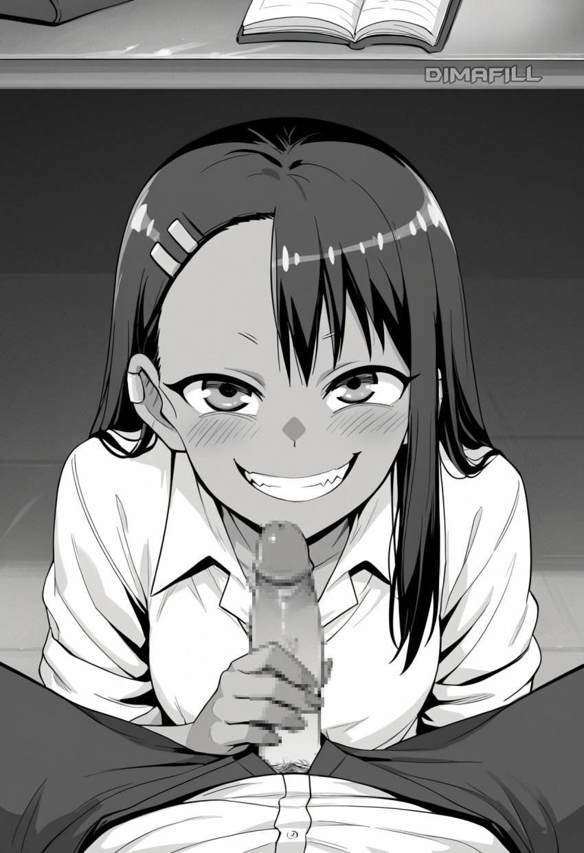 1boy 1girls ai_generated classroom dark-skinned_female dark_skin desk dimafill earclip fellatio female hair_ornament hairclip hayase_nagatoro highres human kneeling male monochrome oral penis please_don&#039;t_bully_me,_nagatoro school school_desk school_uniform stealth_sex under_the_table