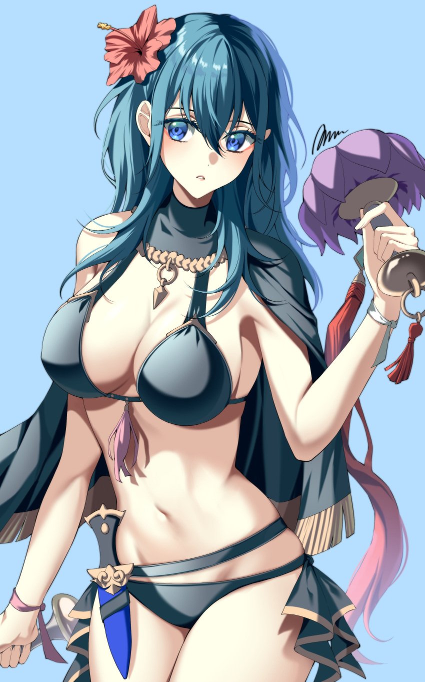 1girls :o a_(asan_a_aa) absurdres alternate_costume bikini black_bikini black_cape black_swimsuit blue_eyes blue_hair breasts byleth_(female)_(fire_emblem) byleth_(female)_(summer)_(fire_emblem) byleth_(fire_emblem) cape cleavage female female female_only fire_emblem fire_emblem:_three_houses fire_emblem_heroes flower hair_between_eyes hair_flower hair_ornament hibiscus highres holding large_breasts long_hair looking_at_viewer navel nintendo official_alternate_costume red_flower solo stomach swimsuit teal_hair