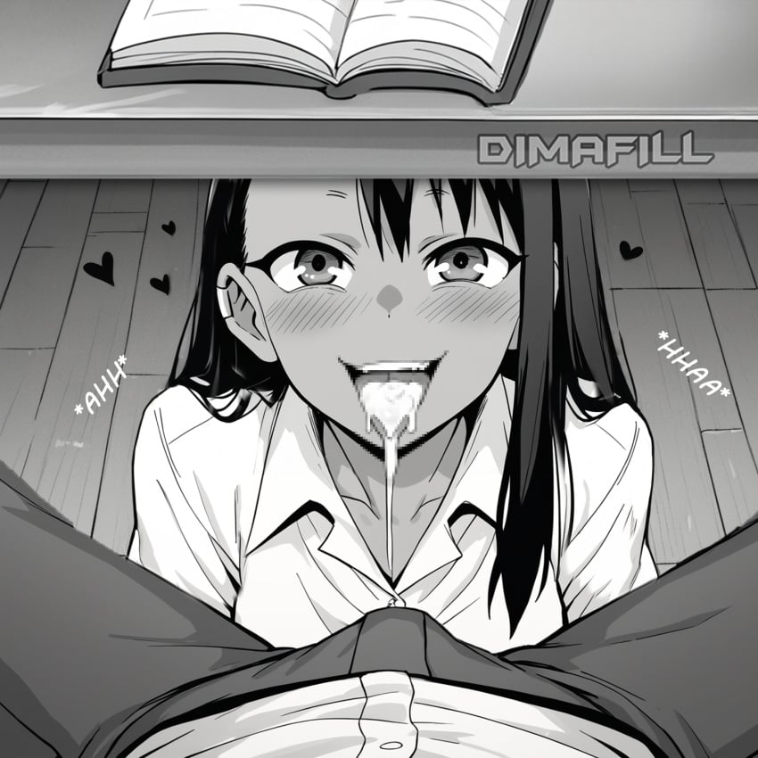 1boy 1girls after_sex ahegao ai_generated blowjob classroom cum dark-skinned_female dark_skin desk dimafill earclip fellatio female hair_ornament hairclip hayase_nagatoro highres human kneeling male monochrome oral please_don&#039;t_bully_me,_nagatoro public school school_desk school_uniform stealth_sex