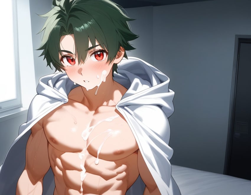 1boy :o ai_generated bed bedroom bedsheets blossomtea blush collarbone cum cum_on_body cum_on_face cum_on_torso dark_green_hair door echidna_(maha's_story) eyebrows eyebrows_visible_through_hair genderswap_(ftm) green_eyebrows green_hair hooded_cape kivotosxl_(model) maha's_story_series male male_focus male_only masa_works_design mv_character nipples parted_lips red_eyes rule_63 self_upload slightly_muscular_male solo solo_male sweat sweatdrop sweating teeth yodayo