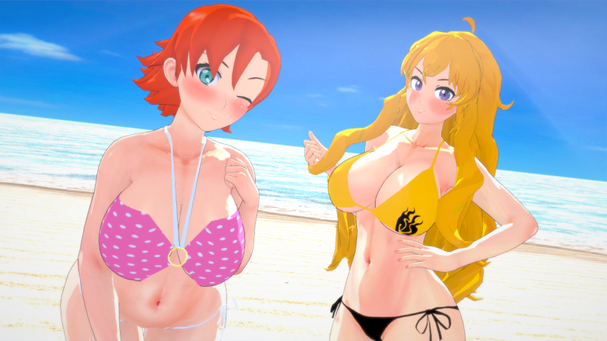 2girls beach big_breasts bikini bikini_bottom bikini_top blonde_female blonde_hair blue_eyes breasts cleavage female female_only human long_hair long_hair_female multiple_girls nakadashi_(artist) nora_valkyrie orange_hair orange_hair_female pose posing purple_eyes rwby yang_xiao_long