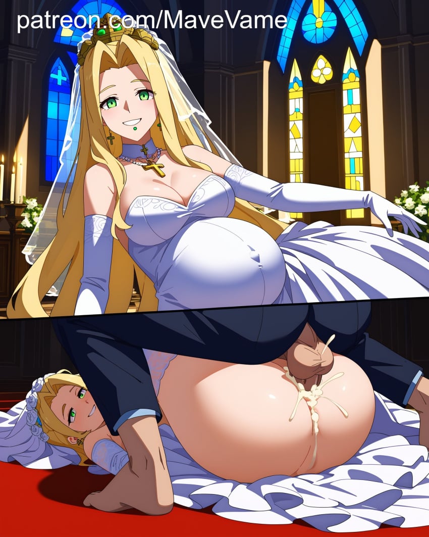 ai_generated blonde_hair bride cum cum_in_pussy cum_inside dick dick_in_pussy earrings fate/grand_order green_eyes lips_piercing mave_vame missionary_position missionary_sex pregnant pregnant_sex quetzalcoatl_(fate) smile vaginal_creampie vaginal_cum vaginal_penetration vaginal_sex