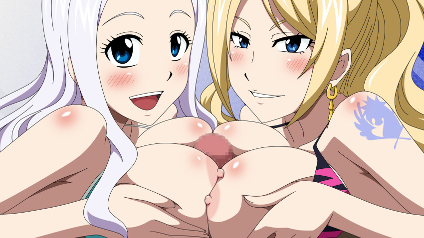 1boy 2girls areolae artist_request bikini_top blonde_hair blue_eyes blush breast_press breast_squeeze breasts censored earrings fairy_tail female highres jenny_realight large_breasts long_hair looking_at_viewer male mirajane_strauss mosaic_censoring multiple_females nipples open_mouth paizuri penis ponytail simple_background smile straight tattoo tied_hair unseen_male_face white_hair