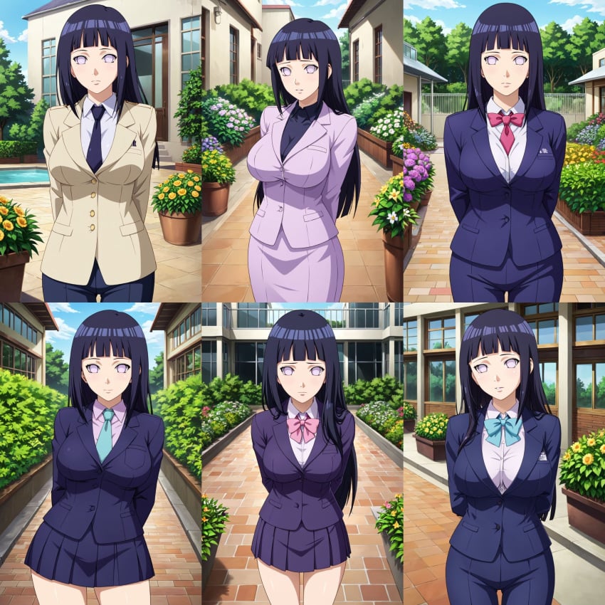 ai_generated black_hair business_suit business_woman civitai collage hyuuga_hinata multiple_views naruto naruto_(series) naruto_shippuden necktie no_pupils purple_eyes