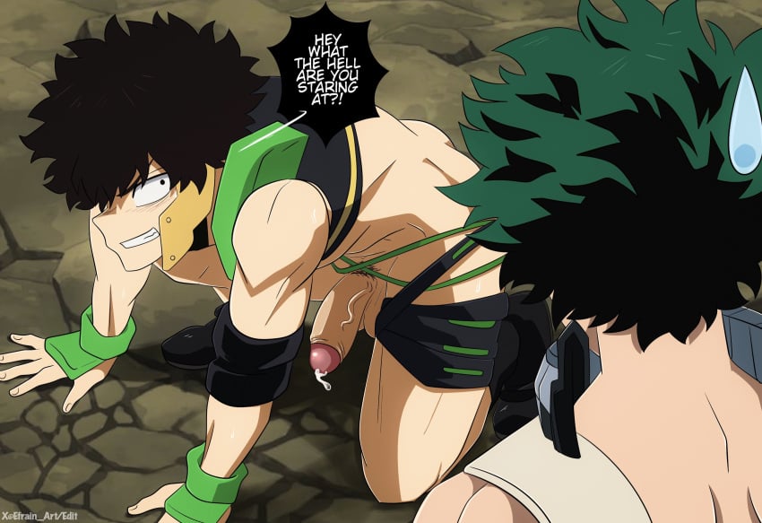 2boys armor boku_no_hero_academia ef_drawings english_text erection hero_outfit_(mha) izuku_midoriya male male_focus male_only midoriya_izuku muscle my_hero_academia on_all_fours outdoor_nudity outdoors outside penis penis_out precum public public_nudity ripped_clothes ripped_clothing ripped_pants shindou_you sweatdrop yaoi yo_shindo