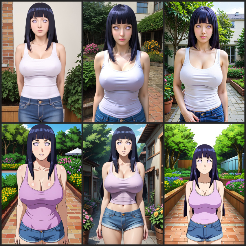 ai_generated big_breasts black_hair collage denim_shorts hyuuga_hinata large_breasts long_hair naruto naruto_(series) naruto_shippuden no_pupils purple_eyes shorts tank_top tanktop