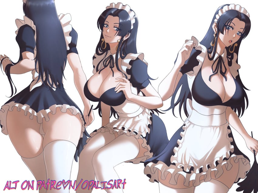 1girls ass ass bare_arms bare_thighs big_ass big_breasts big_butt black_hair blue_eyes blush boa_hancock clothed clothing color female female_focus female_only hi_res jewelry large_breasts light-skinned_female light_skin long_hair looking_at_viewer maid maid_outfit maid_uniform one_piece opalisart shounen_jump solo solo_female tagme thick_thighs
