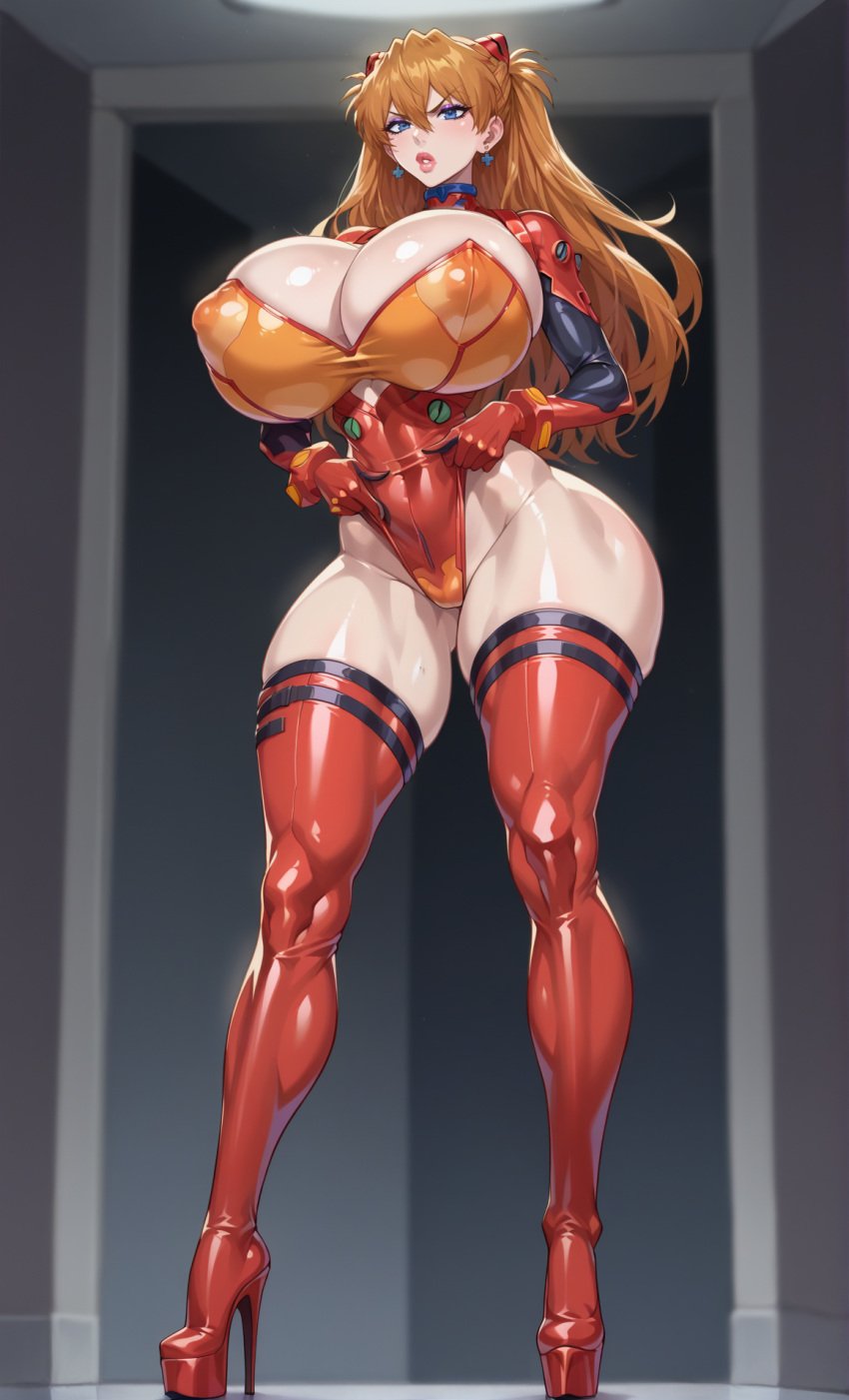 1girls ai_generated asuka_langley_sohryu bimbo covered_nipples gigantic_breasts high_heels highleg huge_breasts leotard long_hair neon_genesis_evangelion neopn_genesis_evangelion orange_hair otace platform_heels puckered_lips slim_waist stiletto_heels thick_thighs thighhighs very_high_heels wide_hips