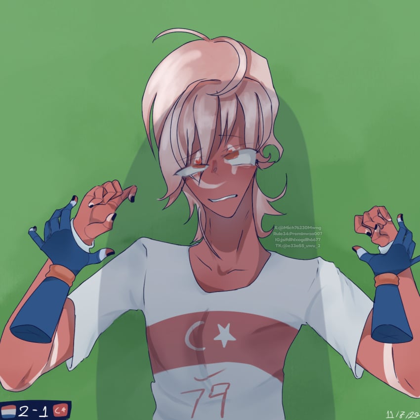 blue_eyes​ countryhumans euro_2024​ male_focus netherlands_(countryhumans) premlnwza007 red_eyes red_skin shadow sitting_on_another sitting_on_person soccer_field​ turkey_(countryhumans) white_hair white_shirt​