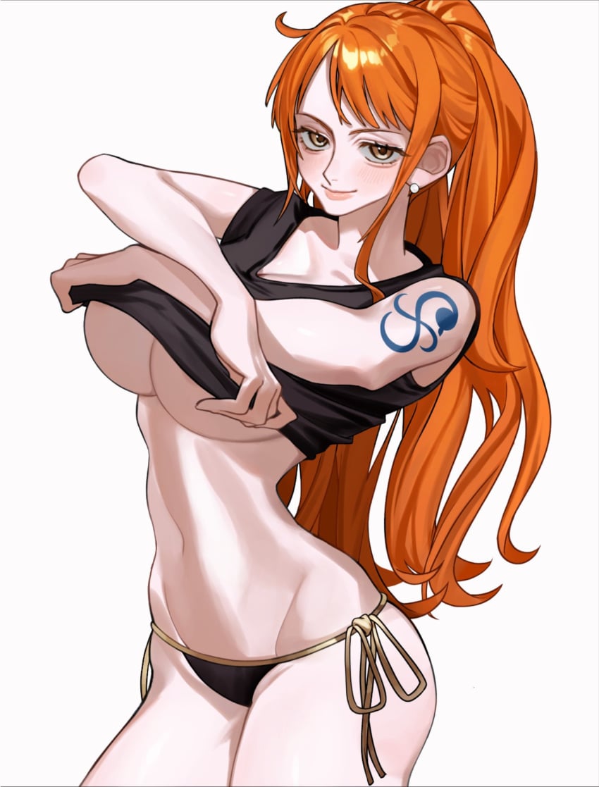 1girls bare_arms bare_legs bare_shoulders bare_thighs big_breasts blush clothed clothing color female female_focus female_only hi_res large_breasts light-skinned_female light_skin long_hair looking_at_viewer nami nami_(one_piece) one_piece orange_eyes orange_hair panties ponytail shounen_jump siokosho_kinoko solo solo_female tagme tattoo thick_thighs underboob undressing