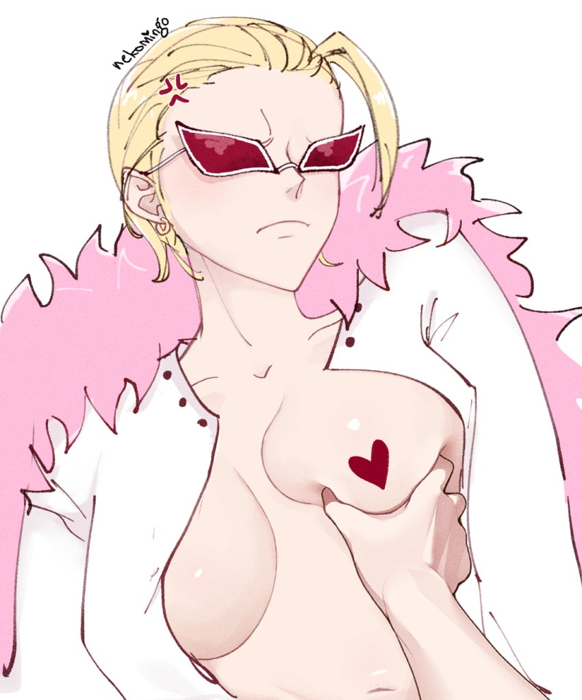 1girls 1other anger_vein big_breasts blonde_hair breast_grab breast_squeeze breasts_apart canon_genderswap cheek_grabbing_material_(meme) donquixote_doflamingo female female_focus frown genderswap_(mtf) hair_slicked_back inner_sideboob male meme myxtaro no_bra one_piece open_shirt pov red-tinted_eyewear rule_63 short_hair solo_focus sunglasses tinted_eyewear upper_body