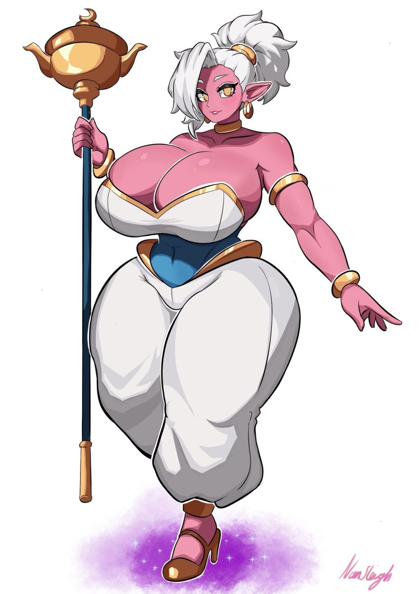 baggy_clothing big_ass big_breasts bracelet earrings eyeliner genie genie_lamp gold_eyes high_heels huge_breasts jewelry magic nansleigh2k pink_skin self_upload slim_waist staff thick_hips thick_thighs white_hair