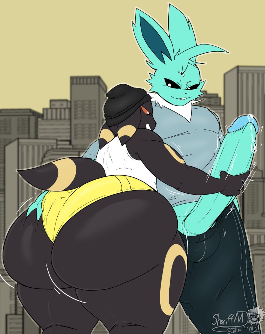 2025 anthro ass ass_grab beanie big_ass big_butt big_cock big_dick big_penis bodily_fluids bottomwear butt_grab clothing detailed_background digital_media_(artwork) duo eeveelution fat_ass femboy furry furry_only gay generation_1_pokemon generation_2_pokemon genital_fluids genitals hand_on_butt handjob hat headgear headwear hi_res hotpants huge_ass huge_butt huge_cock hybrid hyper hyper_butt hyper_genitalia hyper_penis jack_(jasperisnotcool) jackson_ruffman jolteon looking_at_another looking_at_genitalia looking_at_penis male male/male male_(lore) masterj291 nintendo penile penis pokemon pokemon_(species) precum seductive sex shorts simple_background thick_thighs umbreon yellow_background