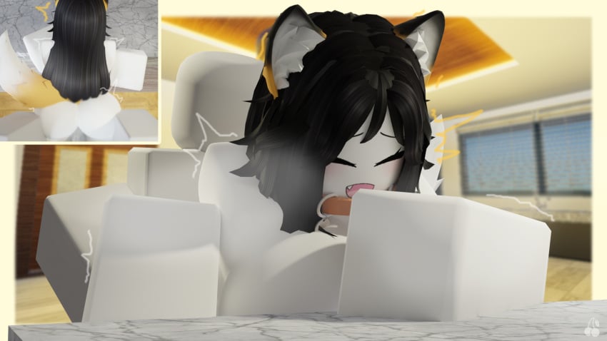 1boy 1girls 3d anal_sex black_hair blender_(software) blender_cycles blush cher924 closed_eyes collar doggy_style female fox_girl holding_object male morning_sex roblox robloxian self_upload shaking_lines smiling