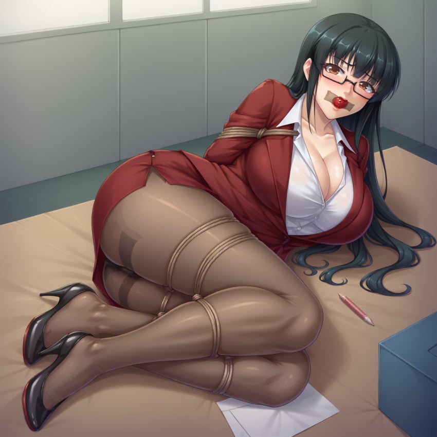 ai_generated ankles_tied ass black_hair blush bondage breasts brown_eyes cara_the_blood_lord cleavage female female_focus female_only gag gagged glasses hands_tied heels hi_res huge_breasts kitae_uehara large_breasts light-skinned_female light_skin lilith-soft long_hair lying_down mature_female office office_lady pantyhose pencil_skirt rope rope_bondage skirt suit taimanin_(series) thick_thighs thighs voluptuous voluptuous_female