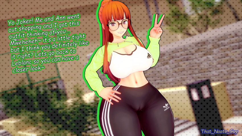 3d adidas atlus big_breasts cameltoe child_bearing_hips fully_clothed glasses hourglass_figure imminent_sex koikatsu orange_hair peace_sign persona persona_5 ponytail pussy_visible_through_clothes red_head sakura_futaba sports_bra that_naoto_guy thick_thighs track_pants