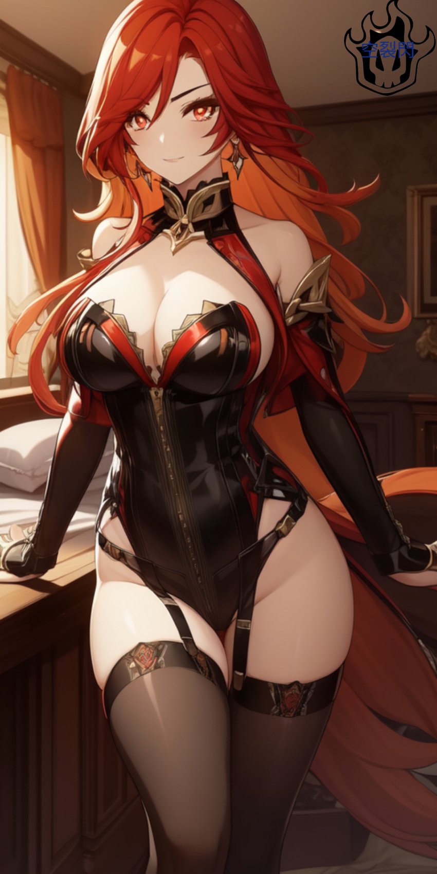 ai_generated ass big_ass big_breasts breasts female female_only genshin_impact happy long_hair mavuika_(genshin_impact) red_hair simple_background solo solo_female thick_thighs thighhighs thighs