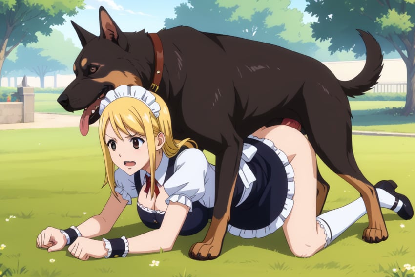1dog 1female 1girls ai_generated blonde_hair blue blue_eyes doggy_style fairy_tail lucy_heartfilia sex zoophilia