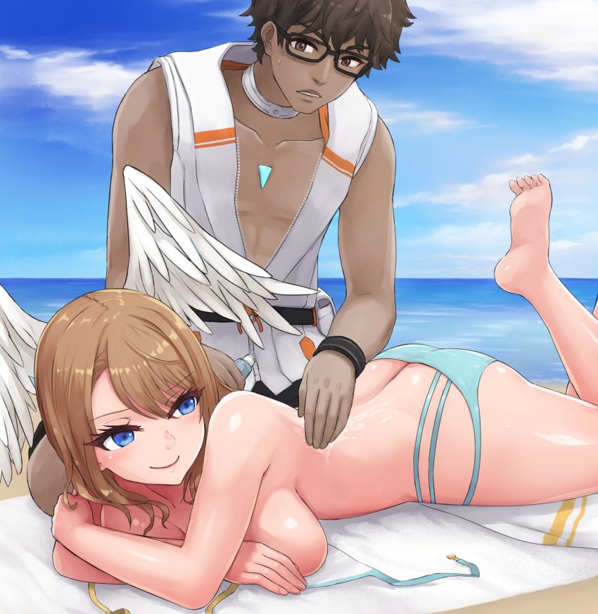 1boy angoha applying_sunscreen ass barefoot beach beach_towel blue_eyes breasts brown_eyes core_crystal eunie_(xenoblade) female foot_up large_breasts lotion lying official_alternate_costume on_stomach smile sunscreen swimsuit taion_(xenoblade) towel untied_bikini_top white_wings wings wings_on_head xenoblade_(series) xenoblade_chronicles_3