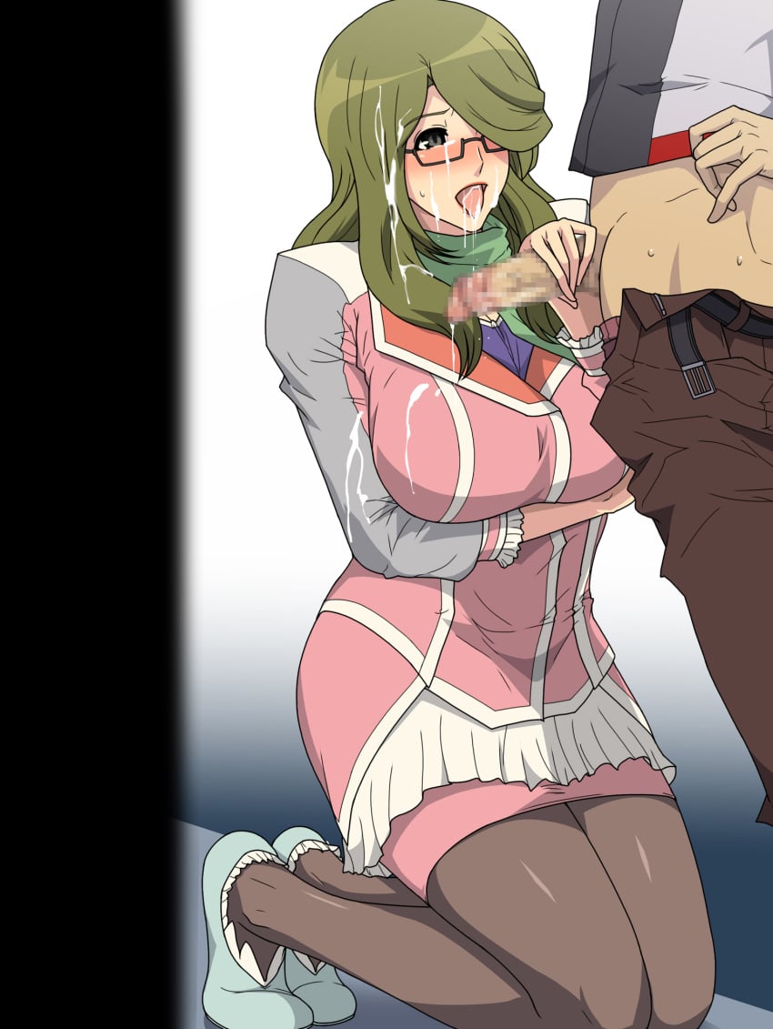 belt blush breast_hold breasts censored chousoku_henkei_gyrozetter clothed_sex cum cum_on_clothes cum_on_glasses cum_on_hair cum_on_upper_body dress facial female glasses green_hair gureko_rouman hair_over_one_eye handjob highres kneeling large_breasts long_hair open_mouth pantyhose penis saliva shoes shoudou_kotoha skirt solo_focus standing sweat