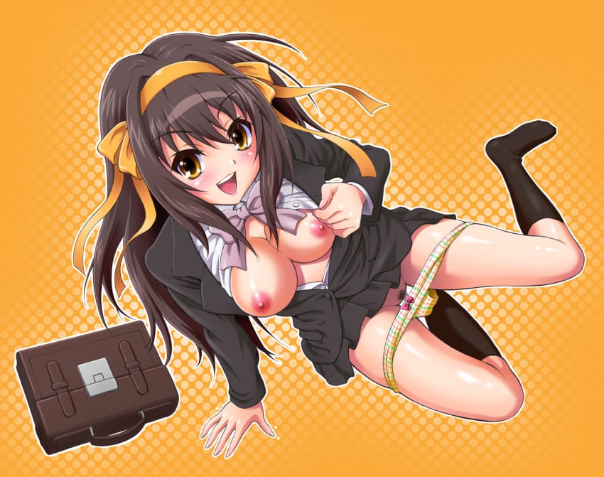 alternate_costume alternate_hairstyle arm_support black_legwear black_socks blush bow bow_panties bowtie breasts brown_eyes brown_hair female female_only footwear hair_ribbon hairbow harukaze_soyogu human legs long_hair open_mouth panties plaid pubic_hair pussy ribbon socks solo suzumiya_haruhi suzumiya_haruhi_no_shoushitsu suzumiya_haruhi_no_yuuutsu tartan underwear