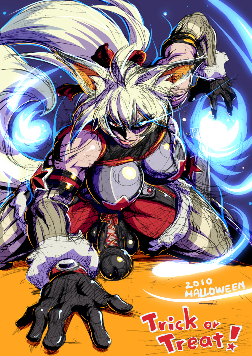 1futa anthro balls breasts cock_armor cock_sleeve cock_sleeve_(clothes) color elbow_gloves fire fox_ears furry futa_only futanari gloves halloween heterochromia highres huge_cock intersex large_breasts lips magic mikoyan muscle original penis rough sketch smirk solo solo_futa tail thighhighs