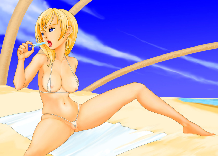 beach bikini blonde_hair blue_eyes disney eating ice_cream kingdom_hearts kingdom_hearts_ii micro_bikini namine navel nipples nobody_(kingdom_hearts) open_mouth partially_visible_vulva square_enix suggestive swimsuit towel white_bikini