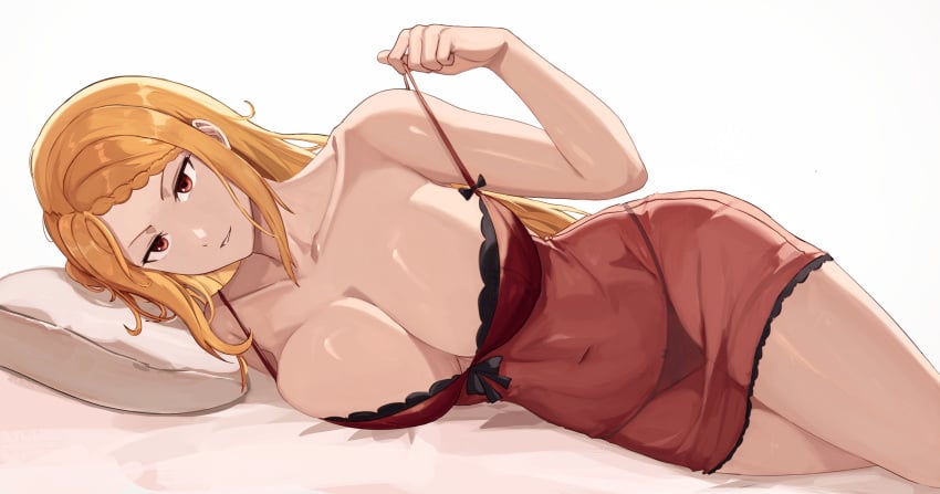 akihitoevon bare_arms bare_legs bare_shoulders bare_thighs bed bed_sheet belly_button_visible_through_clothing big_breasts black_panties braid breasts cleavage collarbone grin head_on_pillow long_hair lying nightgown on_side orange_hair panties parted_lips priscilla_barielle re:zero_kara_hajimeru_isekai_seikatsu red_eyes see-through_nightgown strap_pull thighs underwear