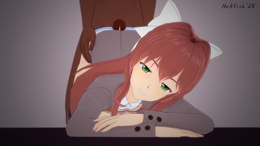 1boy 1girls 3d bow breasts brown_hair dark-skinned_male dark_penis dark_skin doki_doki_literature_club erection face_down_ass_up green_eyes hand_on_butt hellfish imminent_sex interracial koikatsu looking_at_viewer monika_(doki_doki_literature_club) nude_male_clothed_female open_clothes open_jacket panties penis precum school_uniform simple_background smile striped_panties