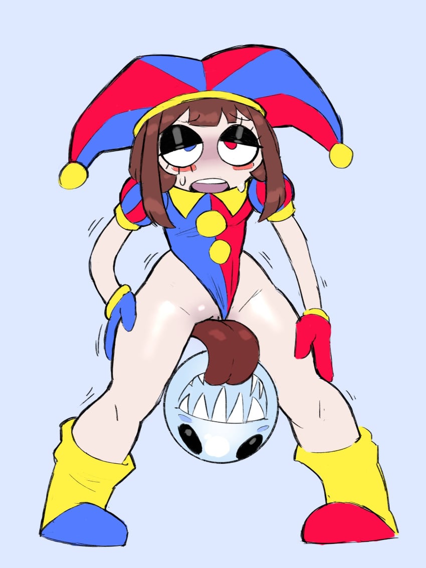 2025 acidsticky black_eyes blue_background blue_eyes blush blush brown_hair bubble bubble_(the_amazing_digital_circus) fellatio female jester jester_hat jester_outfit licking_pussy male pomni_(the_amazing_digital_circus) pussy red_eyes short_hair the_amazing_digital_circus thighs tongue tongue_out