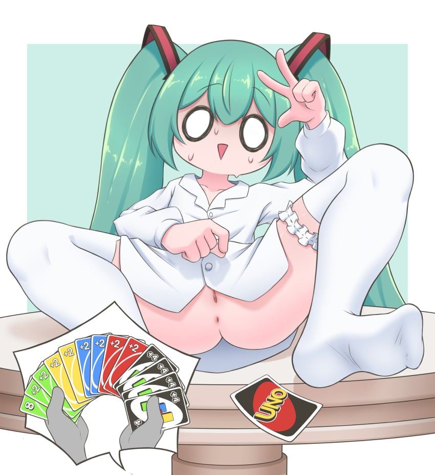 absurdres anus aqua_hair ass borrowed_clothes card colored_sclera drooling female hatsune_miku highres imminent_uno_loss_(meme) meme mesugaki mimukauwa_nice_try_(vocaloid) mouth_drool naked_shirt nekodan_(vupd3832) open_mouth pussy pussy_peek shirt thighhighs thighs twintails uncensored uno_(game) v vocaloid white_shirt white_thighhighs young