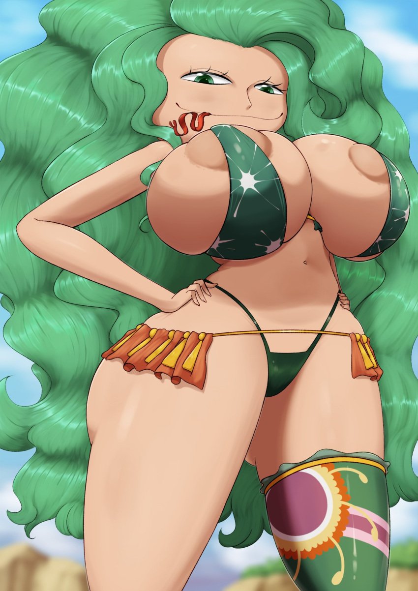 1girls 2025 absurd_res areolae bikini boa_sandersonia breasts clothing female female_focus female_only forked_tongue green_eyes green_hair hands_on_hips huge_areolae huge_breasts long_hair matching_hair/eyes one_piece red_eclipse solo solo_female solo_focus thick_thighs thighs tongue tongue_out top_heavy