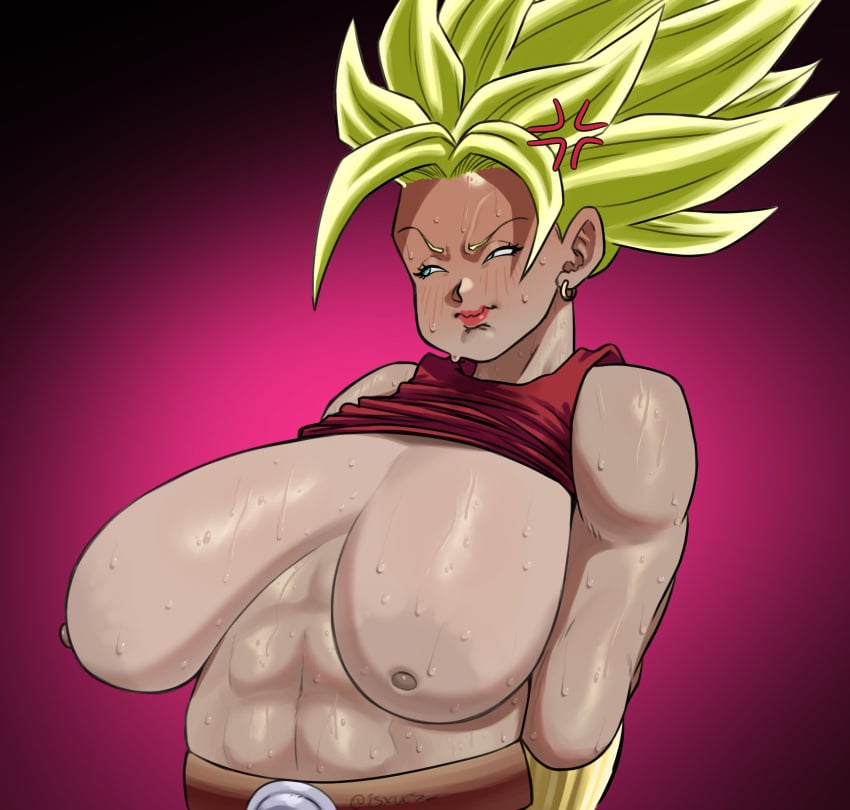 1girls angry angry_face angry_vein areola areolae big_breasts blush breasts breasts_apart dragon_ball female green_hair huge_breasts isxues kefla long_hair muscular_abs nipples sagging_breasts sweat