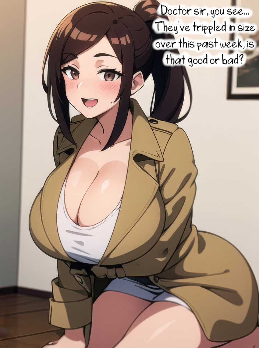 1boy1girl 1girls ai_assisted ai_generated anime_nose beige_jacket big_breasts blush blush_lines breast_focus breasts breasts_together brown_eyes brown_hair brunette busty caption cleavage clothed_female clothing english english_text female_focus front_view green_shirt hazel_eyes huge_breasts huge_tits_teen indoors large_breasts long_breasts long_sleeves male_pov open_mouth original original_character ponytail short_shorts sitting small_but_busty smile soft_breasts solo_focus speech teen teenage_girl teenager text trenchcoat upper_body white_shirt young