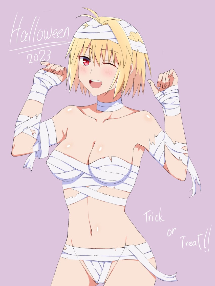 :d alternate_version_available arcueid_brunestud bandage big_breasts blonde_hair blush breasts functionally_nude halloween halloween_costume huge_breasts large_breasts melty_blood mummy mummy_wrappings partially_clothed red_eyes short_hair thighs tsukihime tummy type-moon weilaizuigao703 wink winking winking_at_viewer wrappings