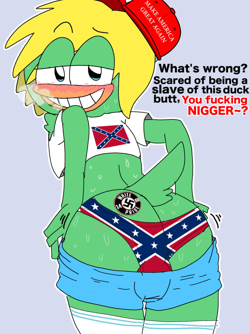 1boy american american_male anatid anseriform anthro anthrofied ass ass_focus avian big_ass bird blonde_hair blush breadwinners briefs cap confederate_flag confederate_flag_shirt confederate_flag_t-shirt confederate_flag_underwear duck duck_boy english english_text femboy furry furry_male furry_only furry_tail gay hat hi_res history humiliation humiliation_fetish insulting_viewer looking_at_viewer make_america_great_again male male_only meme nazi nazi_imagery panties pin politics presenting presenting_hindquarters rear_view removing_clothing removing_pants short_hair short_shorts shorts simple_background slur smile socks solo solo_anthro solo_male speech_bubble svenniehoek swastika swaysway sweat symbol talking_to_viewer tattoo teeth text thighhighs underwear usa_elections_2024 why