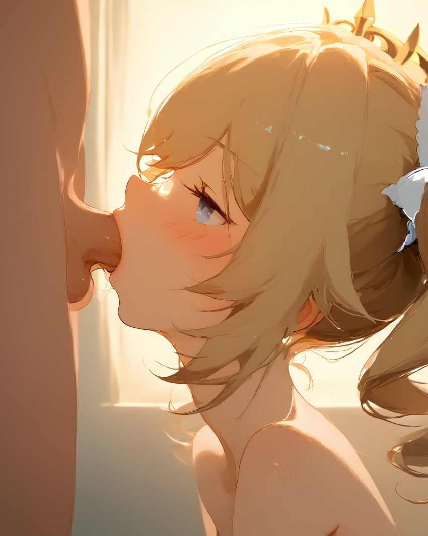 1boy 1girls adult_and_teenager adult_on_young age_difference ai_generated barbara_(genshin_impact) big_penis blonde_hair blowjob blue_eyes blush cute deepthroat deepthroat_no_hands eye_contact female genshin_impact hands-free hat looking_up milda_(pixiv_62255596) nude nude_female oral petite skinny slim teenager throat_bulge tight_throat twintails uncensored young