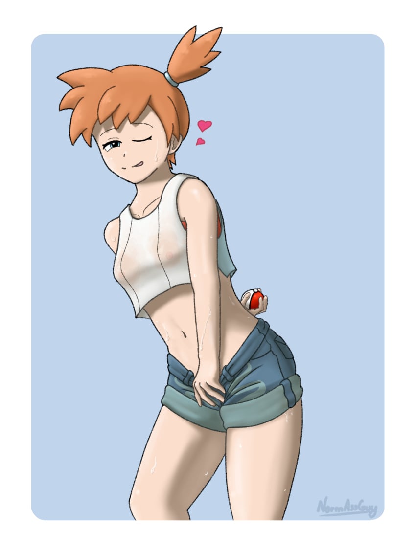 1girls 2d belly belly_button blue_eyes breasts clothed clothing female_focus female_only heart human human_only kasumi_(pokemon) light-skinned_female light_skin looking_at_viewer minishorts navel nipples nipples_visible_through_clothing normassguy orange_hair pokemon ponytail pose pulling_down_pants red_hair red_hair see-through_clothing see-through_top shorts shorts_pull side_ponytail simple_background smile smiling smiling_at_viewer solo_focus stomach teasing textless tongue tongue_out wet wet_clothes wet_shirt wink