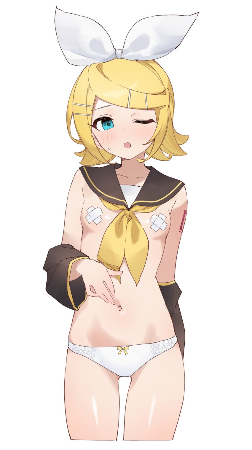 belly_button blonde_hair blue_eyes blush breasts kagamine_rin navel one_eye_closed panties pasties rakugaki_nye ribbon small_breasts solo standing sweat sweatdrop thigh_gap vocaloid